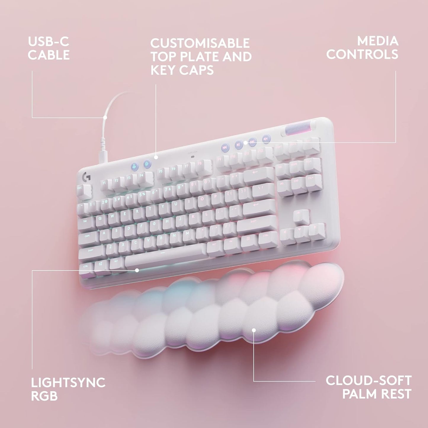 Logitech G713 Wired Mechanical Gaming Keyboard with LIGHTSYNC RGB Lighting, Clicky Switches (GX Blue), and Keyboard Palm Rest, PC/Mac Compatible - White Mist