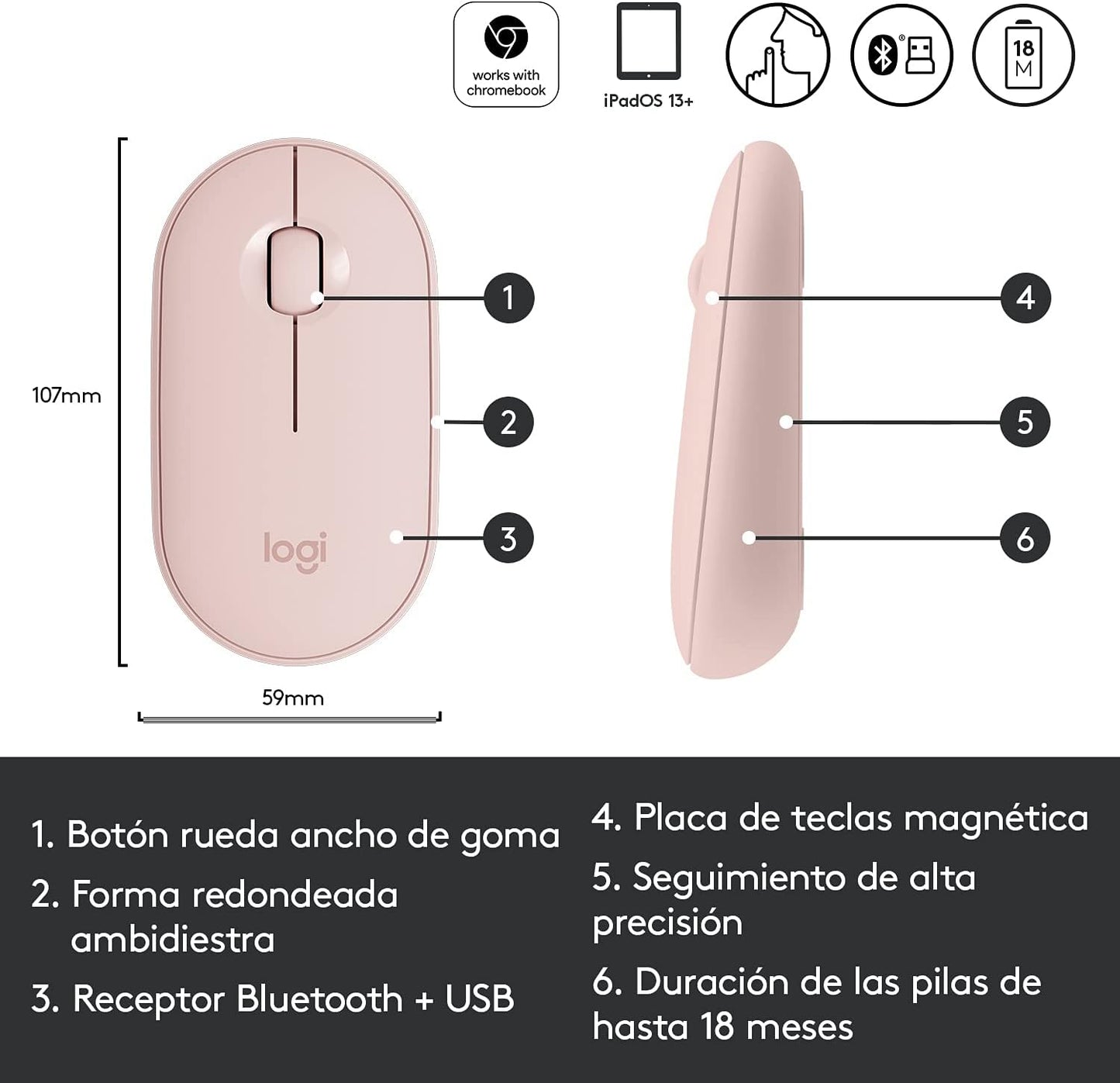Logitech Pebble M350 Wireless Mouse with Bluetooth or USB - Silent, Slim Computer Mouse with Quiet Click for iPad, Laptop, Notebook, PC and Mac - Pink Rose