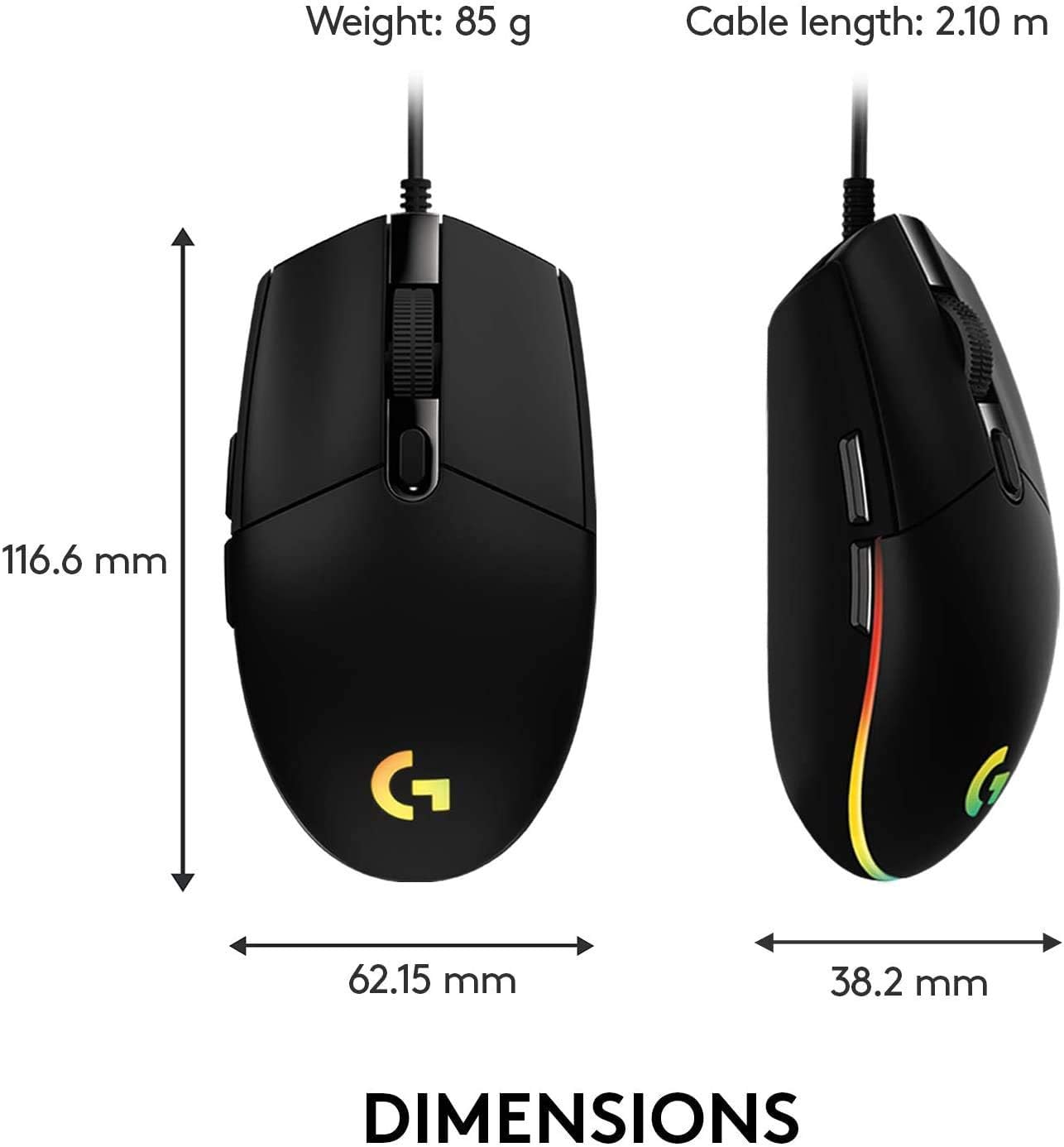 Logitech G203 LIGHTSYNC Wired Gaming Mouse, 8,000 DPI, Rainbow Optical Effect RGB, 6 Programmable Buttons, On-Board Memory, PC/Mac Computer, Laptop Compatible - Black