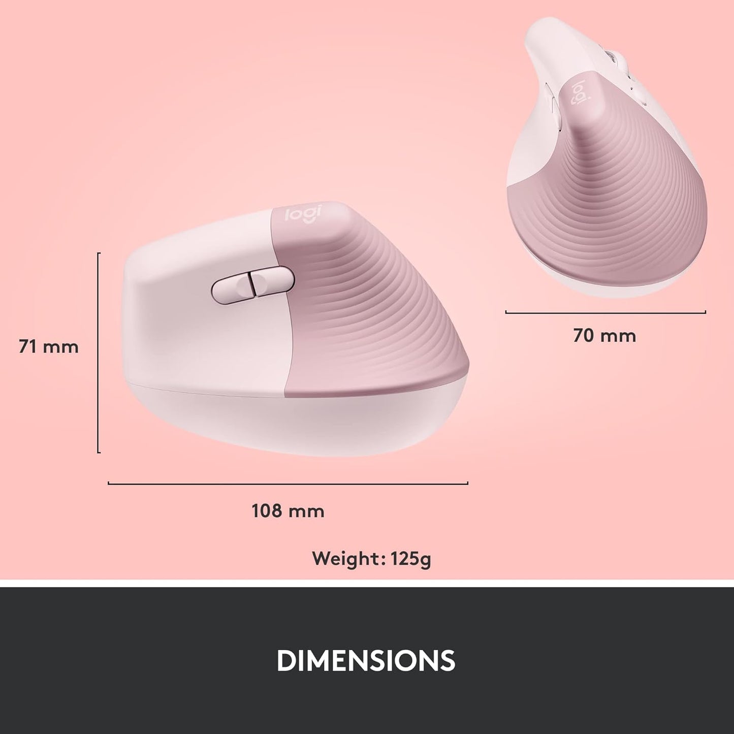 Logitech Lift Vertical Ergonomic optical Mouse, Wireless, Bluetooth or Logi Bolt USB receiver, Quiet clicks, 4 buttons, compatible with Windows/macOS/iPadOS, Laptop, PC - Rose