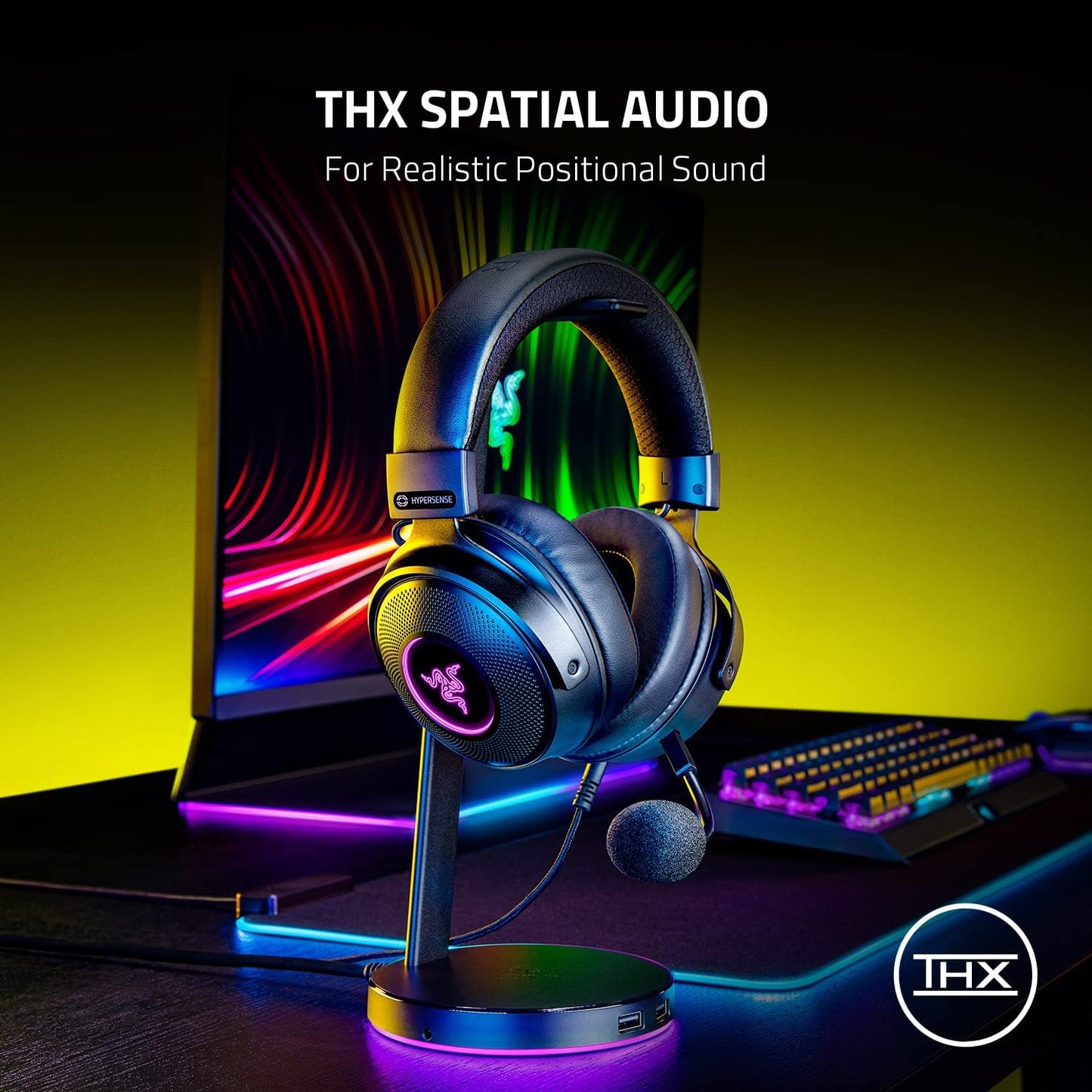 Razer Kraken V3 HyperSense Wired USB Gaming Headset w/Haptic Technology: Triforce Titanium 50mm Drivers - THX Spatial Audio - Hybrid Fabric & Leatherette Memory Foam Cushions - Detachable Mi