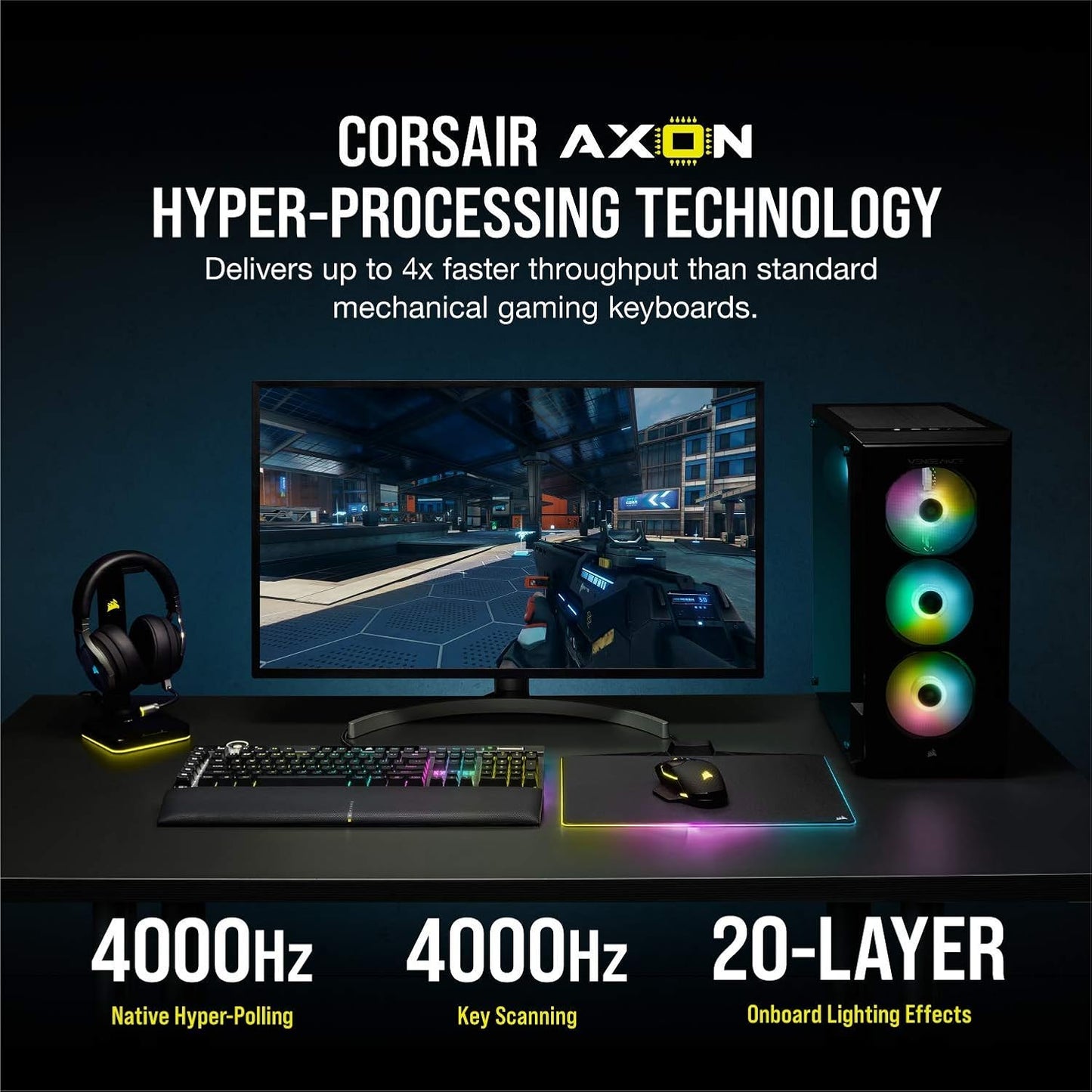 Corsair K100 RGB Optical-Mechanical Gaming Keyboard - Corsair OPX RGB Keyswitches - AXON Hyper-Processing Technology for 4X Faster Throughput - 44-Zone RGB LightEdge