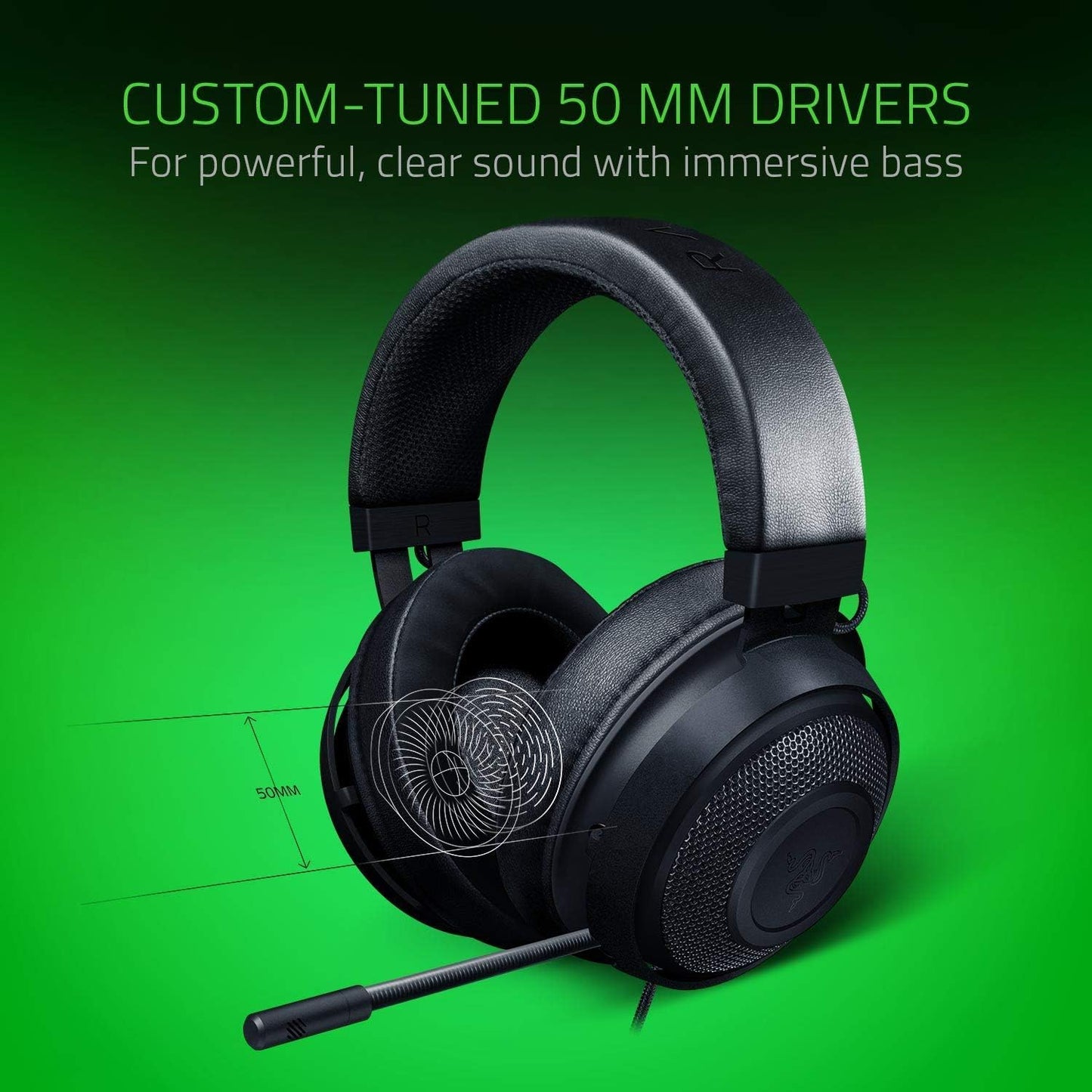 Razer Kraken - Cross-Platform Wired Gaming Headset (Custom Tuned 50 mm Drivers, Unidirectional Microphone, 3.5 mm Cable with in-line Controls, Cross Platform Compatible) Black