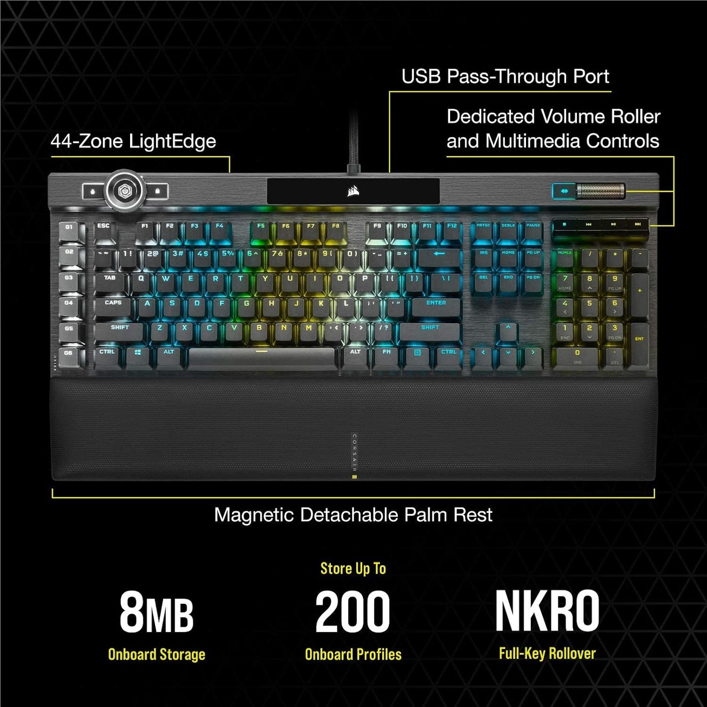 Corsair K100 RGB Optical-Mechanical Gaming Keyboard - Corsair OPX RGB Keyswitches - AXON Hyper-Processing Technology for 4X Faster Throughput - 44-Zone RGB LightEdge