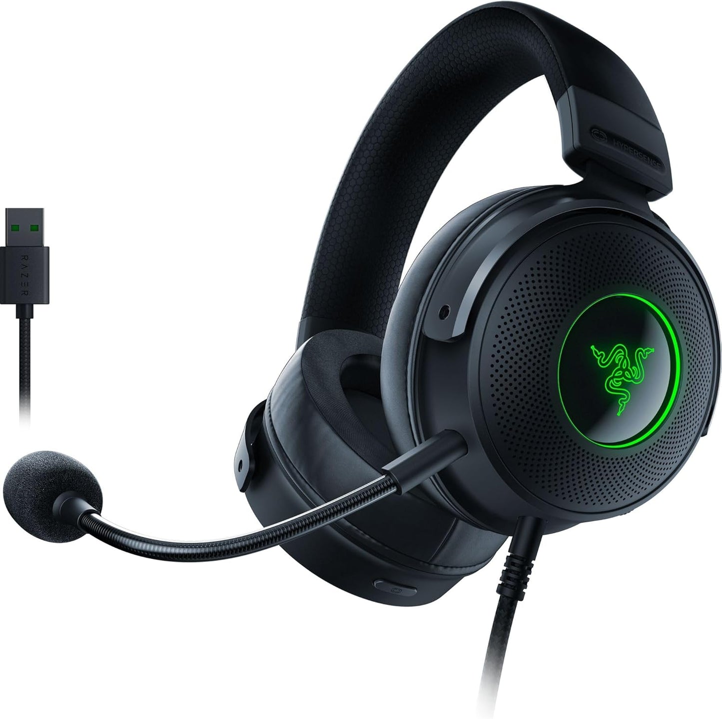 Razer Kraken V3 HyperSense Wired USB Gaming Headset w/Haptic Technology: Triforce Titanium 50mm Drivers - THX Spatial Audio - Hybrid Fabric & Leatherette Memory Foam Cushions - Detachable Mi