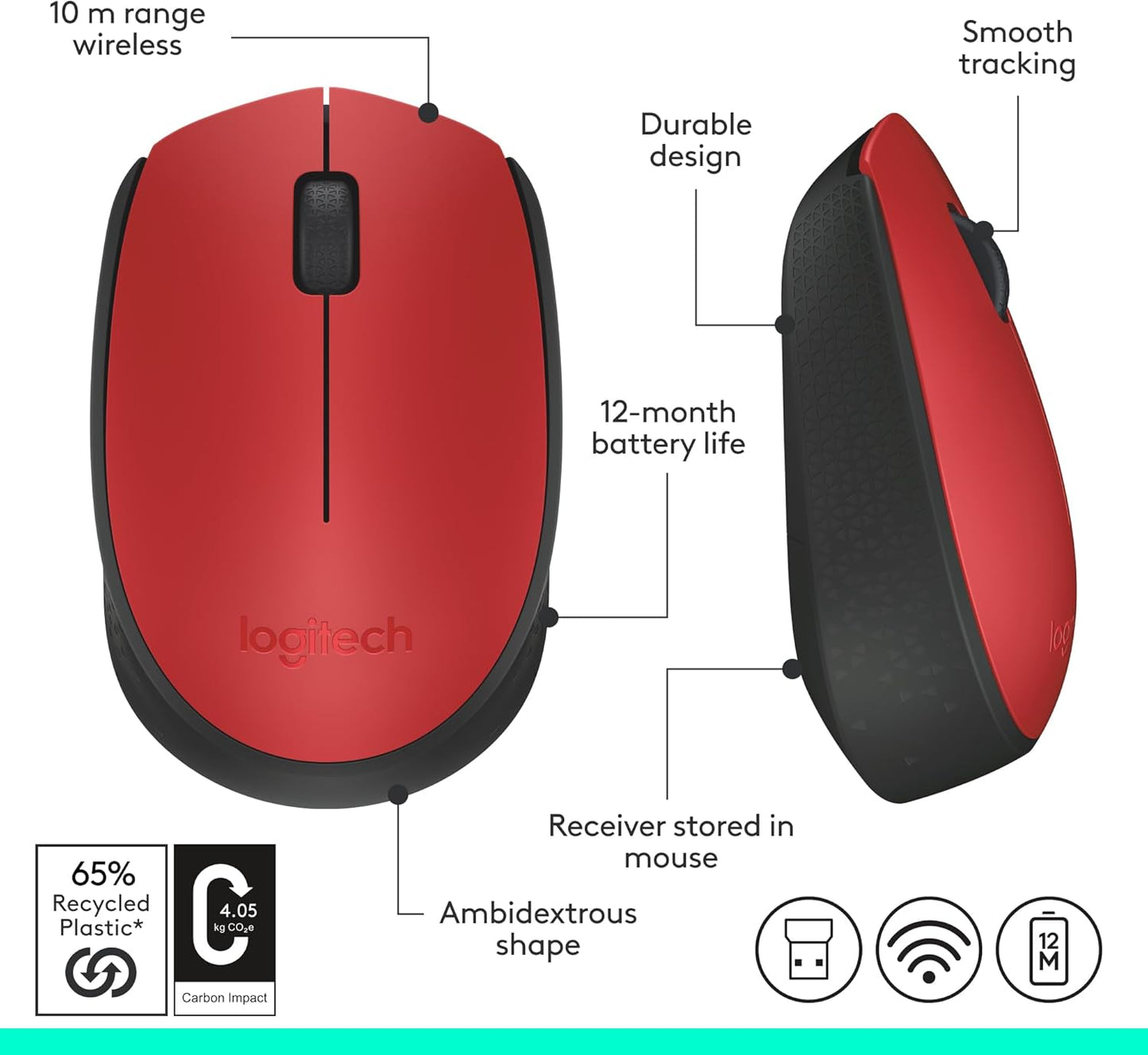 Logitech M170 Wireless Mouse for PC, Mac, Laptop, 2.4 GHz with USB Mini Receiver, Optical Tracking, 12-Months Battery Life, Ambidextrous - Red