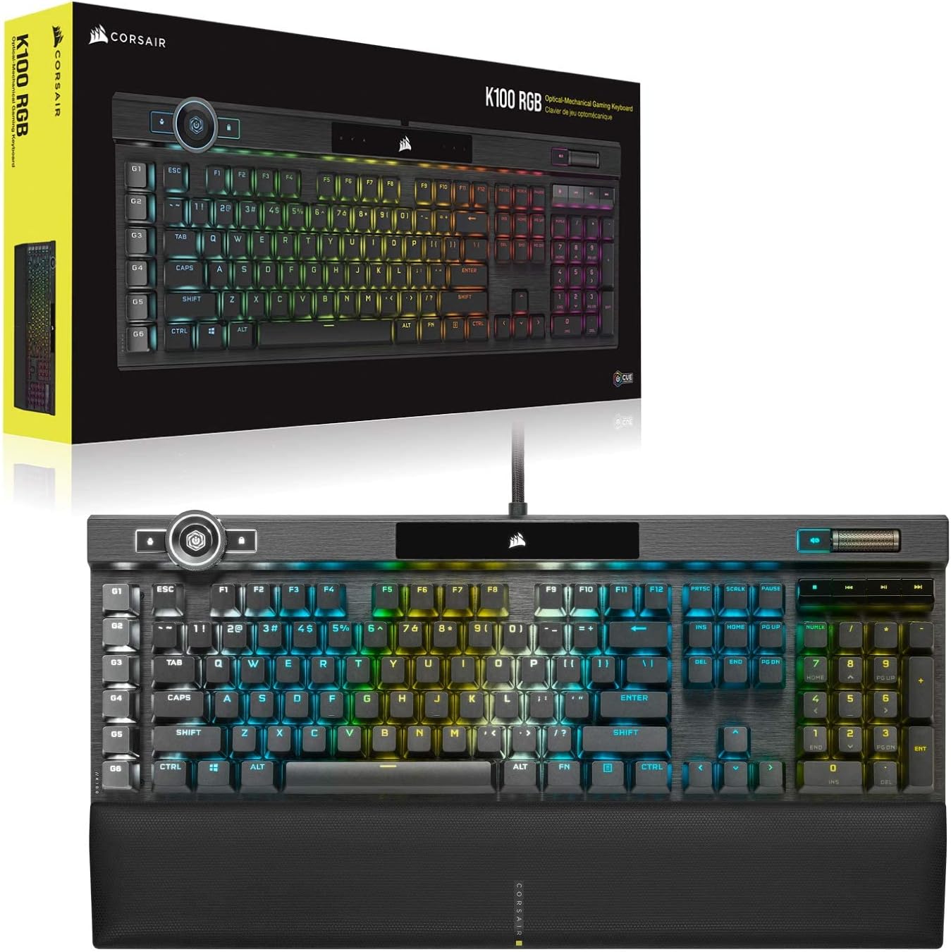 Corsair K100 RGB Optical-Mechanical Gaming Keyboard - Corsair OPX RGB Keyswitches - AXON Hyper-Processing Technology for 4X Faster Throughput - 44-Zone RGB LightEdge