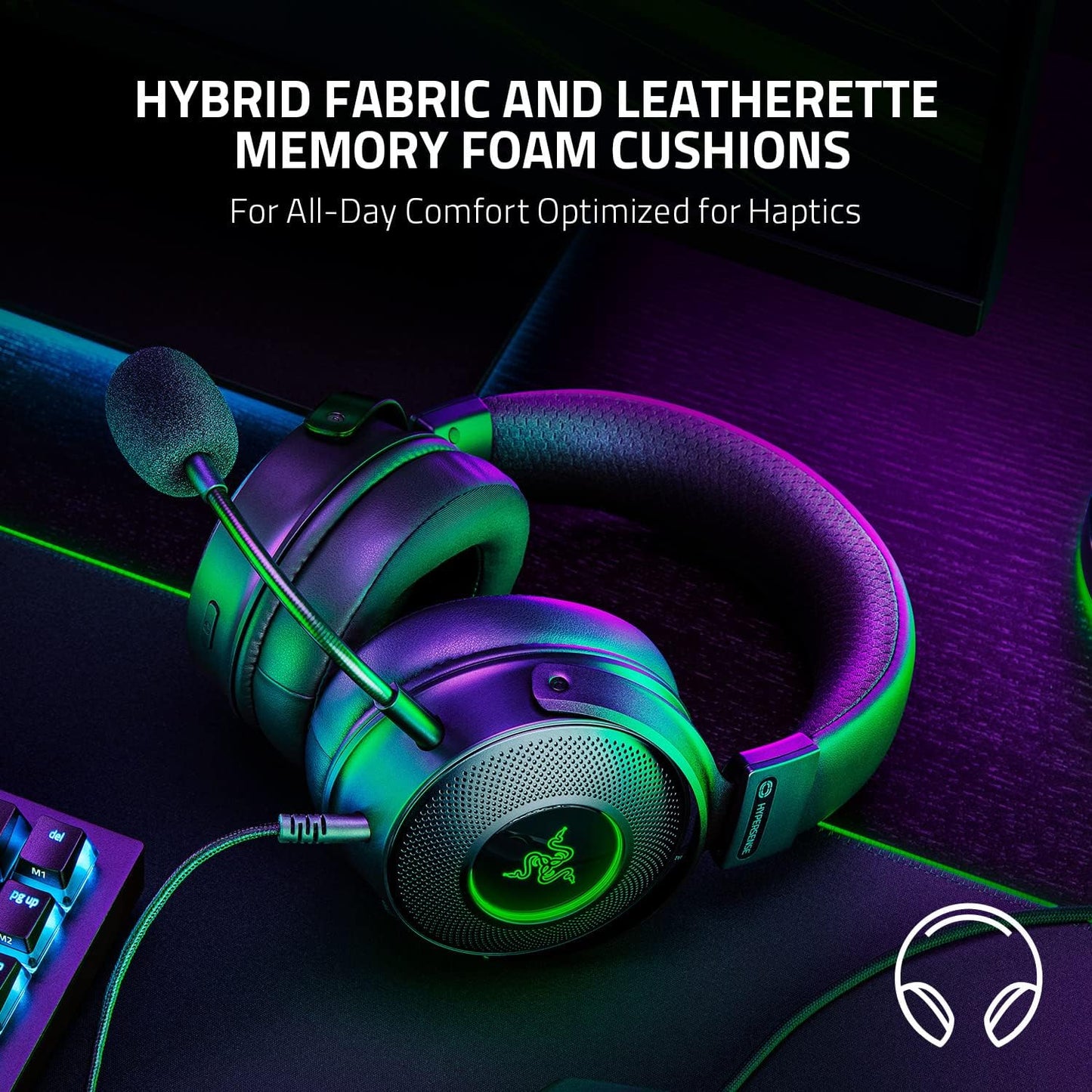 Razer Kraken V3 HyperSense Wired USB Gaming Headset w/Haptic Technology: Triforce Titanium 50mm Drivers - THX Spatial Audio - Hybrid Fabric & Leatherette Memory Foam Cushions - Detachable Mi