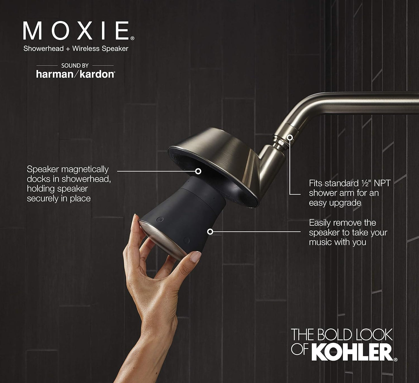 KOHLER MOXIE BLUETOOTH SHOWERHEAD, SHOWER SPEAKER, WATERPROOF SPEAKER, SHOWER RADIO, RECHARGEABLE SPEAKER, PORTABLE SPEAKER, 1.75 GPM, K-28238-GKE-BN, VIBRANT BRUSHED NICKEL