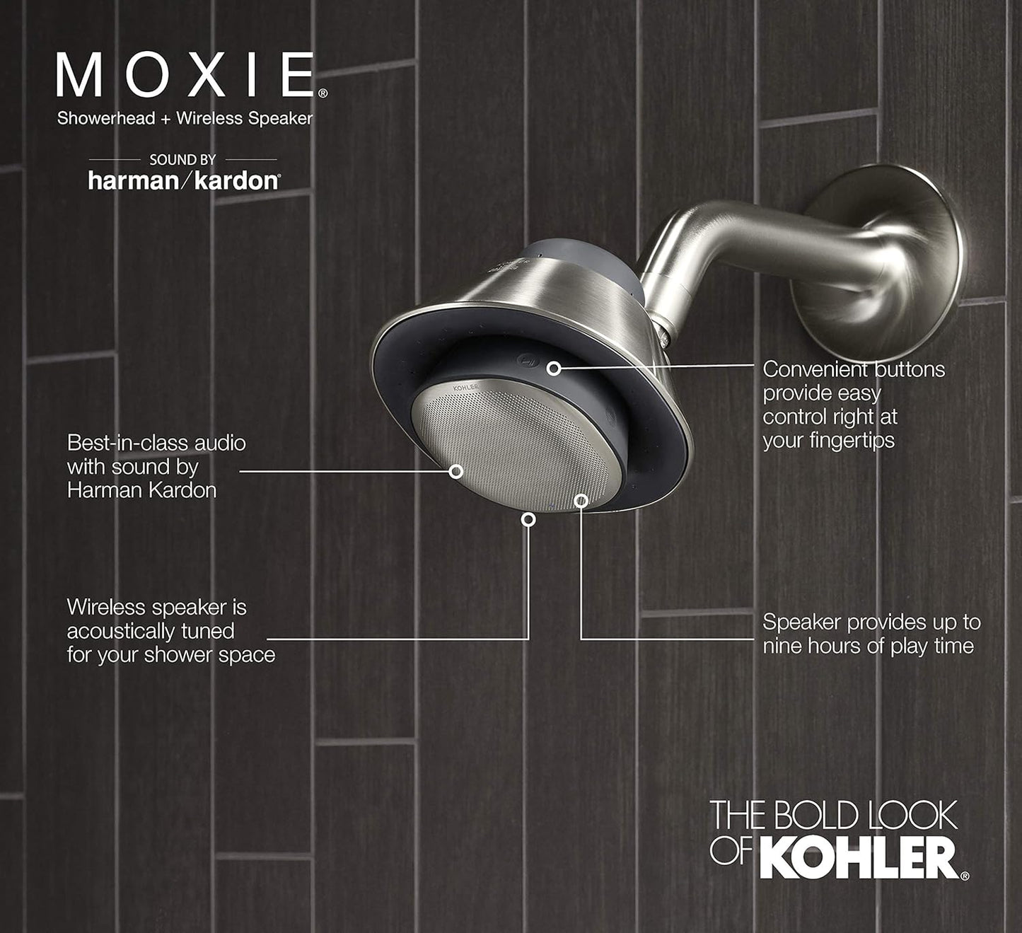 KOHLER MOXIE BLUETOOTH SHOWERHEAD, SHOWER SPEAKER, WATERPROOF SPEAKER, SHOWER RADIO, RECHARGEABLE SPEAKER, PORTABLE SPEAKER, 1.75 GPM, K-28238-GKE-BN, VIBRANT BRUSHED NICKEL
