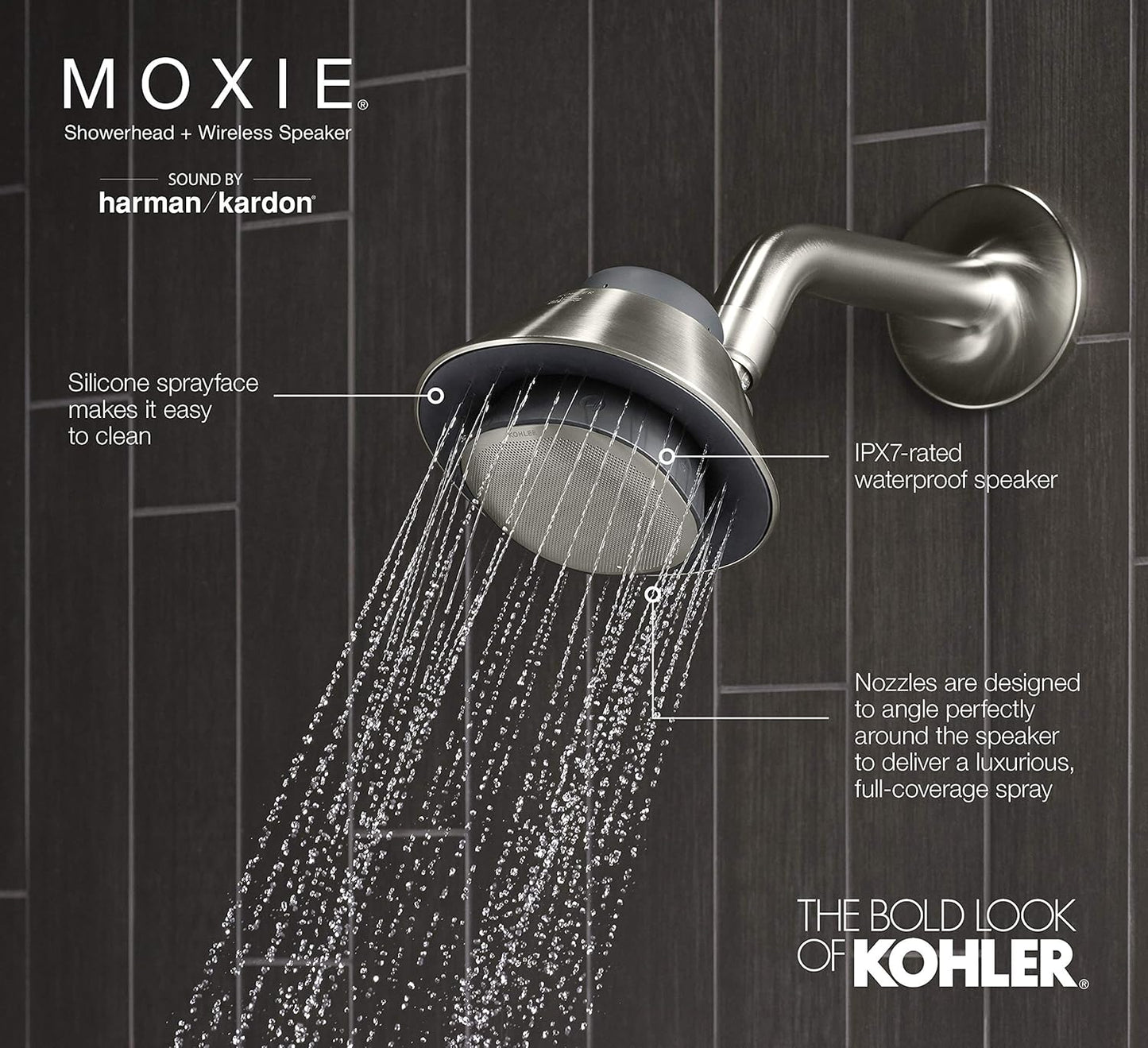 KOHLER MOXIE BLUETOOTH SHOWERHEAD, SHOWER SPEAKER, WATERPROOF SPEAKER, SHOWER RADIO, RECHARGEABLE SPEAKER, PORTABLE SPEAKER, 1.75 GPM, K-28238-GKE-BN, VIBRANT BRUSHED NICKEL