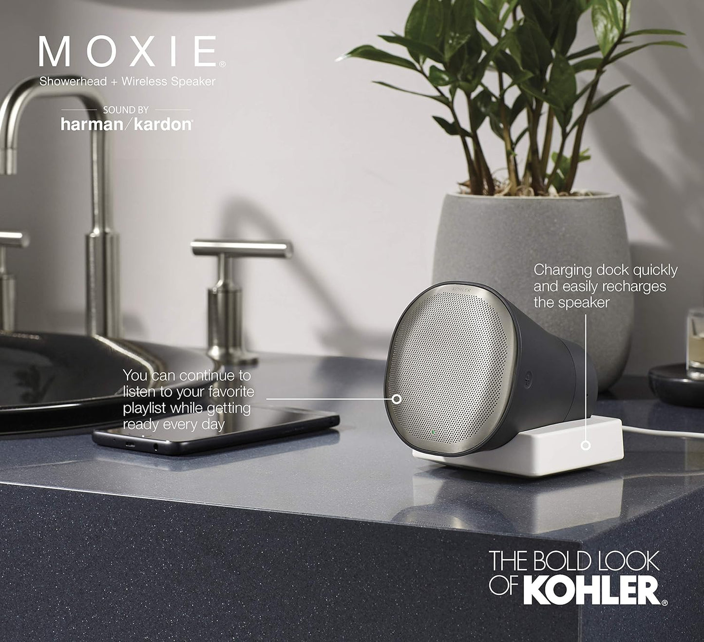 KOHLER MOXIE BLUETOOTH SHOWERHEAD, SHOWER SPEAKER, WATERPROOF SPEAKER, SHOWER RADIO, RECHARGEABLE SPEAKER, PORTABLE SPEAKER, 1.75 GPM, K-28238-GKE-BN, VIBRANT BRUSHED NICKEL