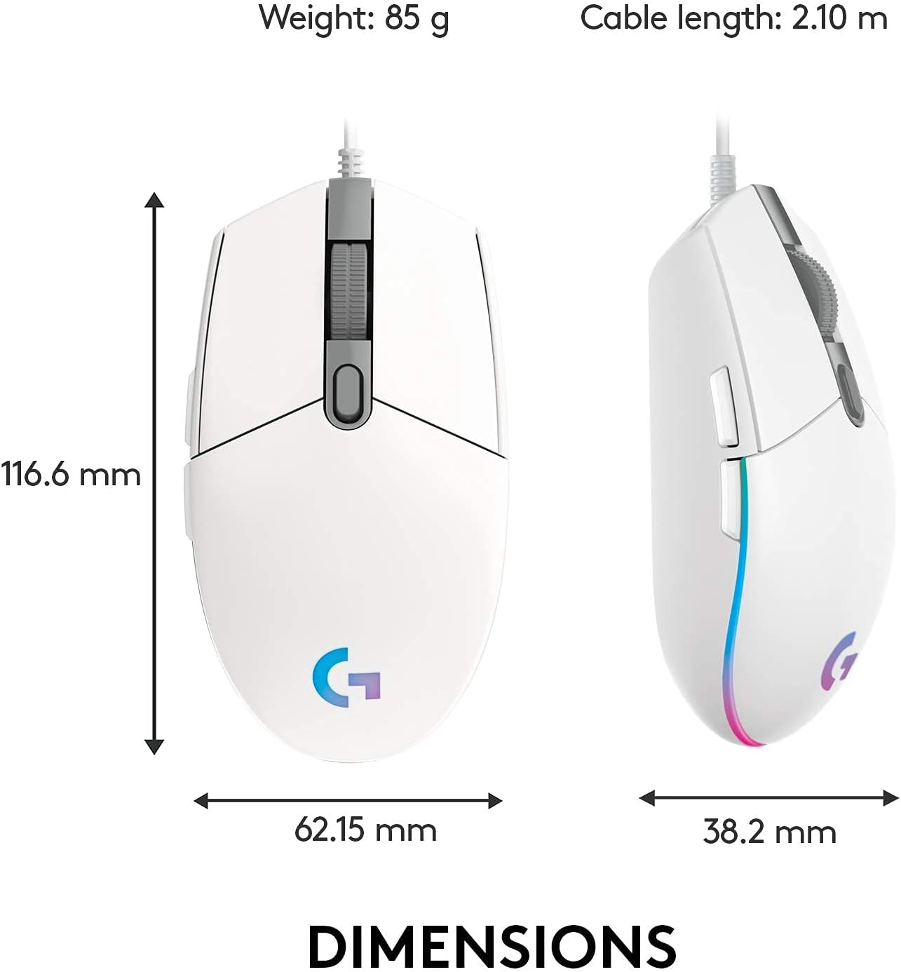 Logitech G203 Wired Gaming Mouse, 8,000 DPI, Rainbow Optical LIGHTSYNC RGB, 6 Programmable Buttons, On-Board Memory, PC/Mac Computer and Laptop Compatible, White