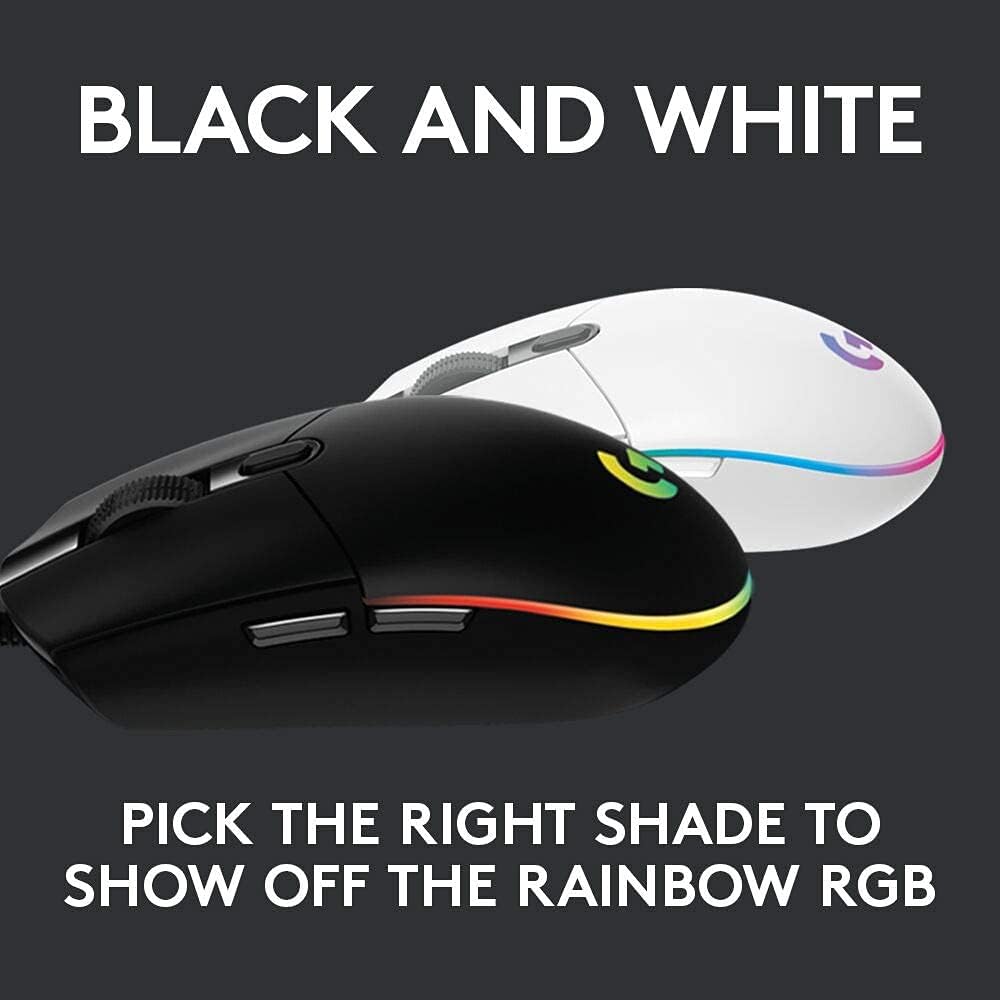 Logitech G203 Wired Gaming Mouse, 8,000 DPI, Rainbow Optical LIGHTSYNC RGB, 6 Programmable Buttons, On-Board Memory, PC/Mac Computer and Laptop Compatible, White