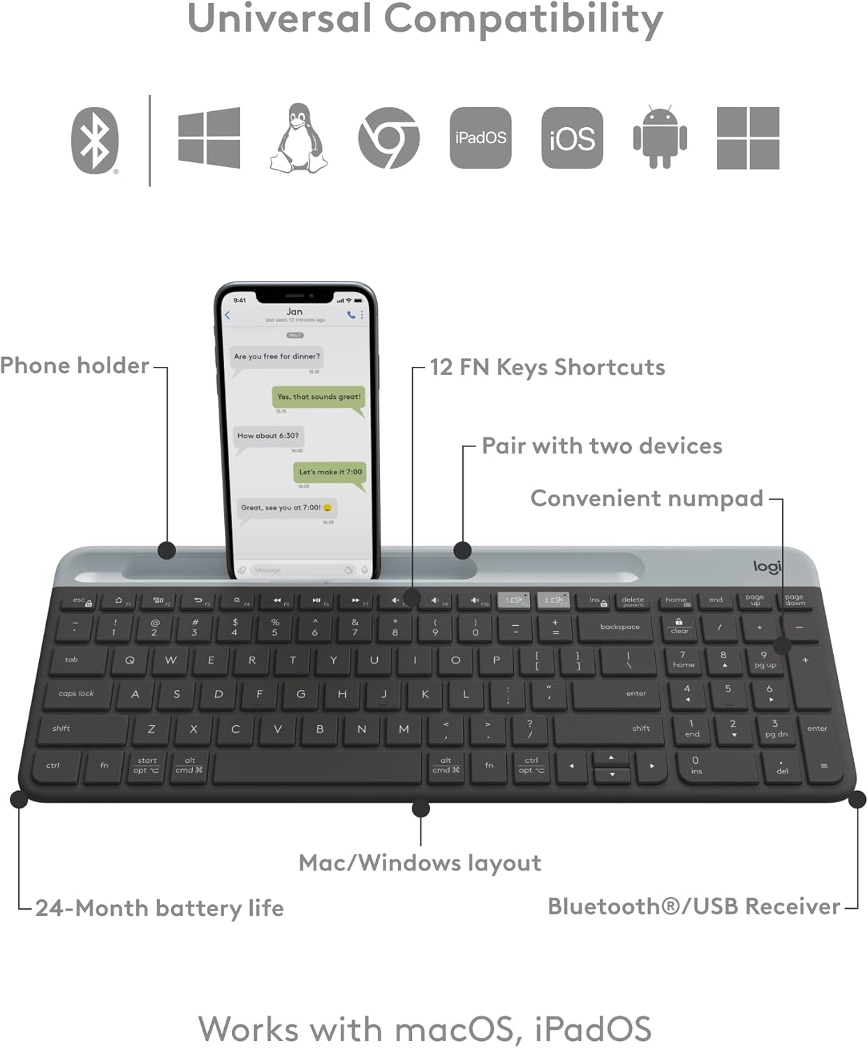 Logitech K585 Multi-Device Slim Wireless Keyboard, Built-in Cradle for Device; for Laptop, Tablet, Desktop, Smartphone, Win/Mac- Graphite
