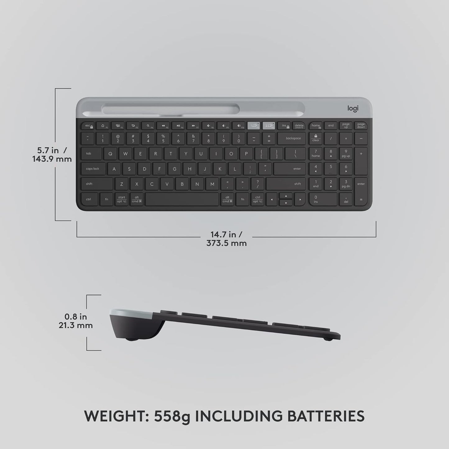 Logitech K585 Multi-Device Slim Wireless Keyboard, Built-in Cradle for Device; for Laptop, Tablet, Desktop, Smartphone, Win/Mac- Graphite