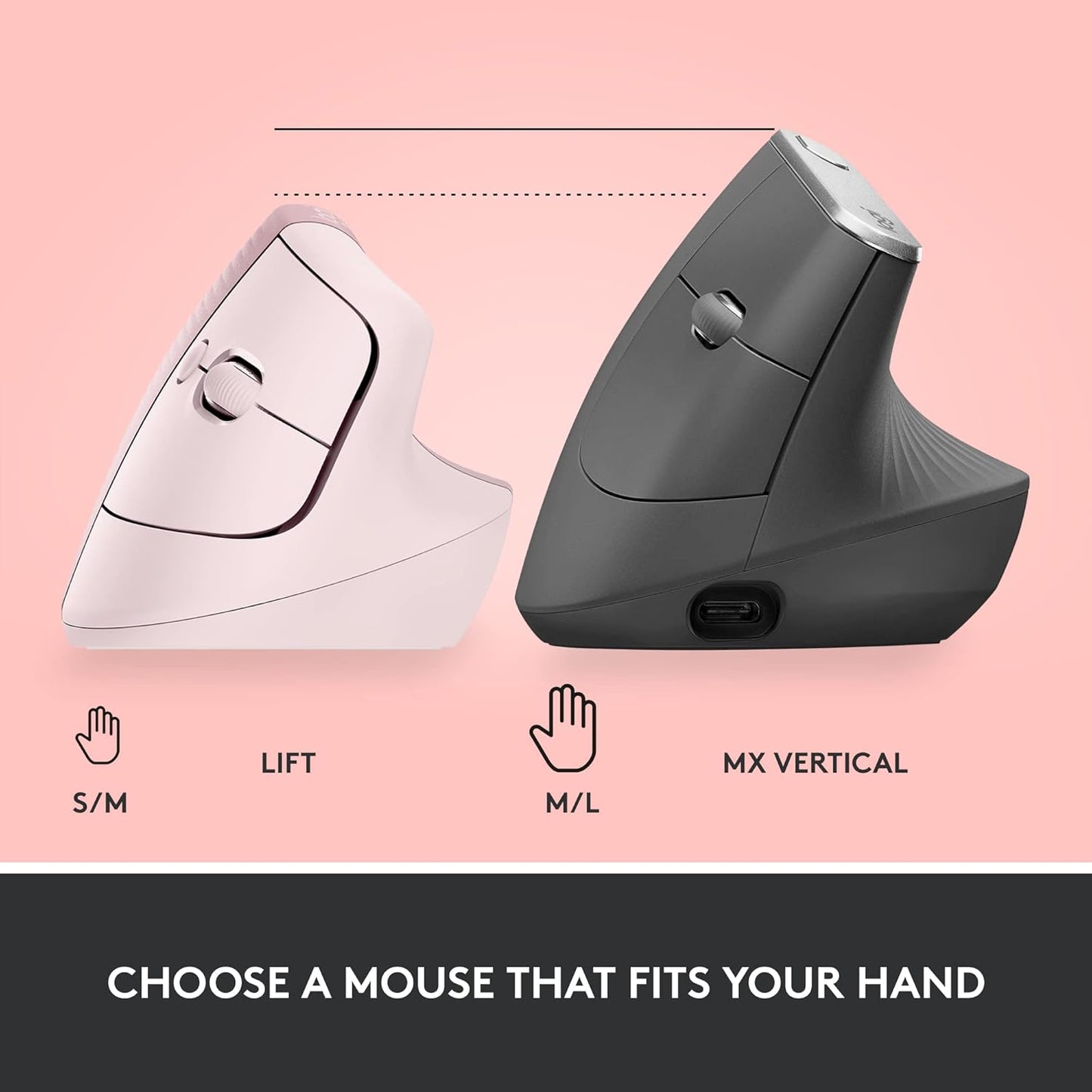 Logitech Lift Vertical Ergonomic optical Mouse, Wireless, Bluetooth or Logi Bolt USB receiver, Quiet clicks, 4 buttons, compatible with Windows/macOS/iPadOS, Laptop, PC - Rose
