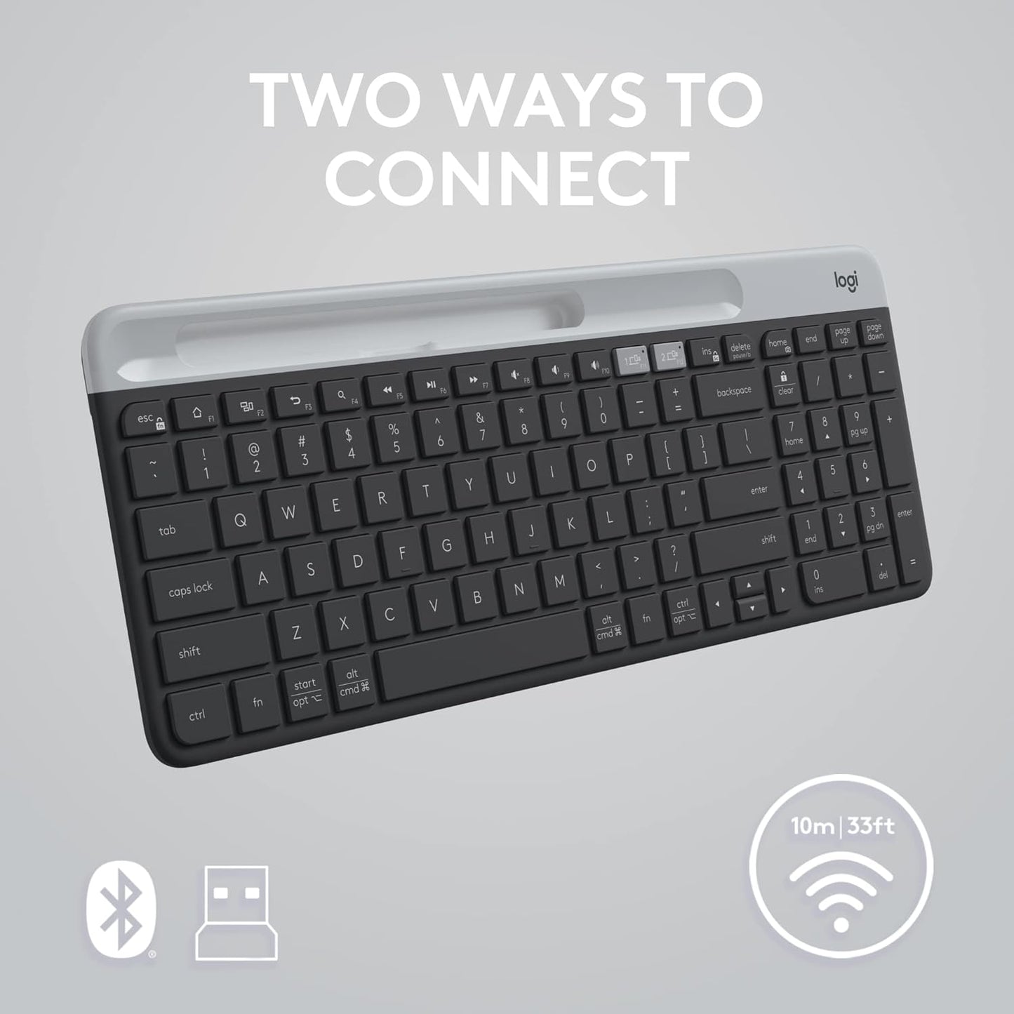 Logitech K585 Multi-Device Slim Wireless Keyboard, Built-in Cradle for Device; for Laptop, Tablet, Desktop, Smartphone, Win/Mac- Graphite