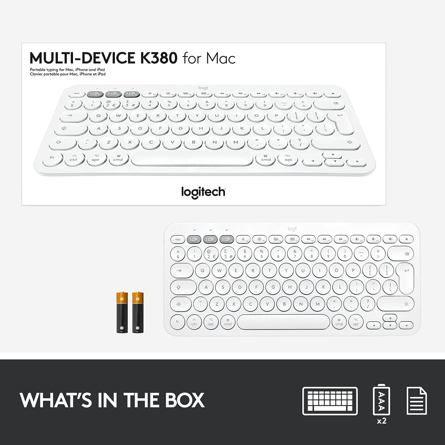 Logitech K380 Pebble Wireless Multi-Device Keyboard for Apple iOS, Apple TV android or Chrome, Bluetooth, Compact Space-Saving Design, PC/Mac/Laptop/Smartphone/Tablet - Off White