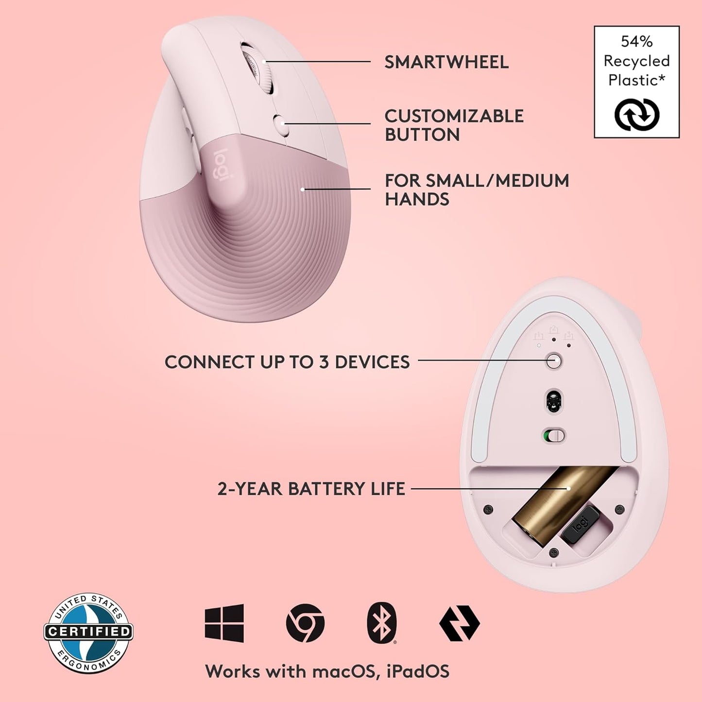 Logitech Lift Vertical Ergonomic optical Mouse, Wireless, Bluetooth or Logi Bolt USB receiver, Quiet clicks, 4 buttons, compatible with Windows/macOS/iPadOS, Laptop, PC - Rose