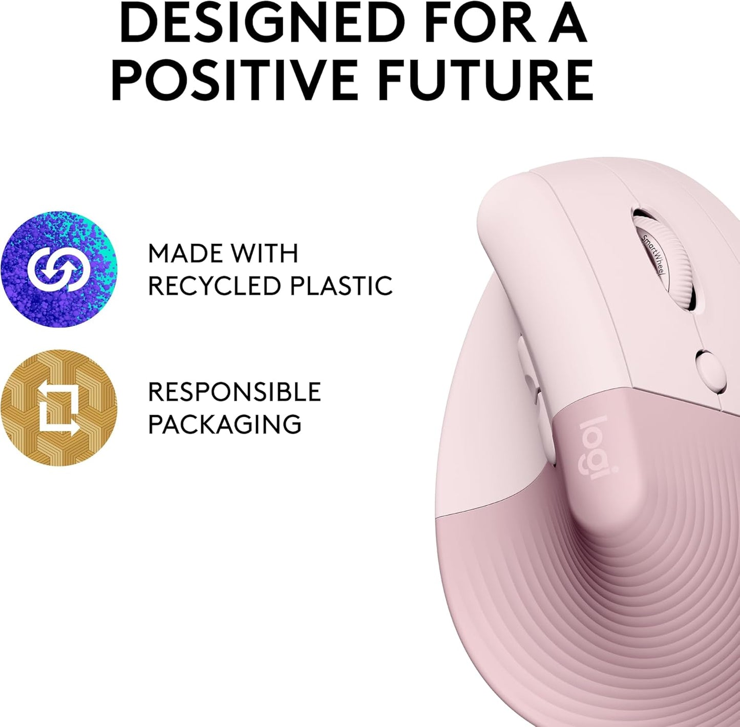 Logitech Lift Vertical Ergonomic optical Mouse, Wireless, Bluetooth or Logi Bolt USB receiver, Quiet clicks, 4 buttons, compatible with Windows/macOS/iPadOS, Laptop, PC - Rose