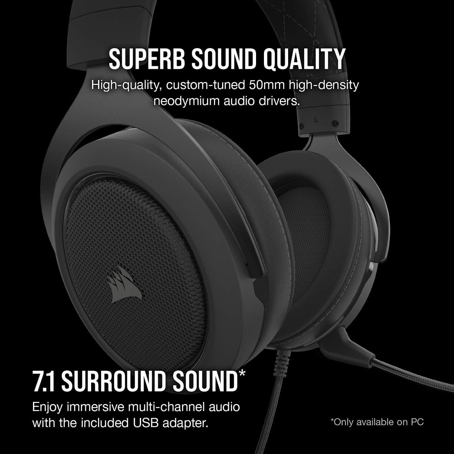 Corsair HS60 Pro – 7.1 Virtual Surround Sound PC Gaming Headset w/USB DAC - Discord Certified Headphones – Compatible with Xbox One, PS4, and Nintendo Switch – Carbon