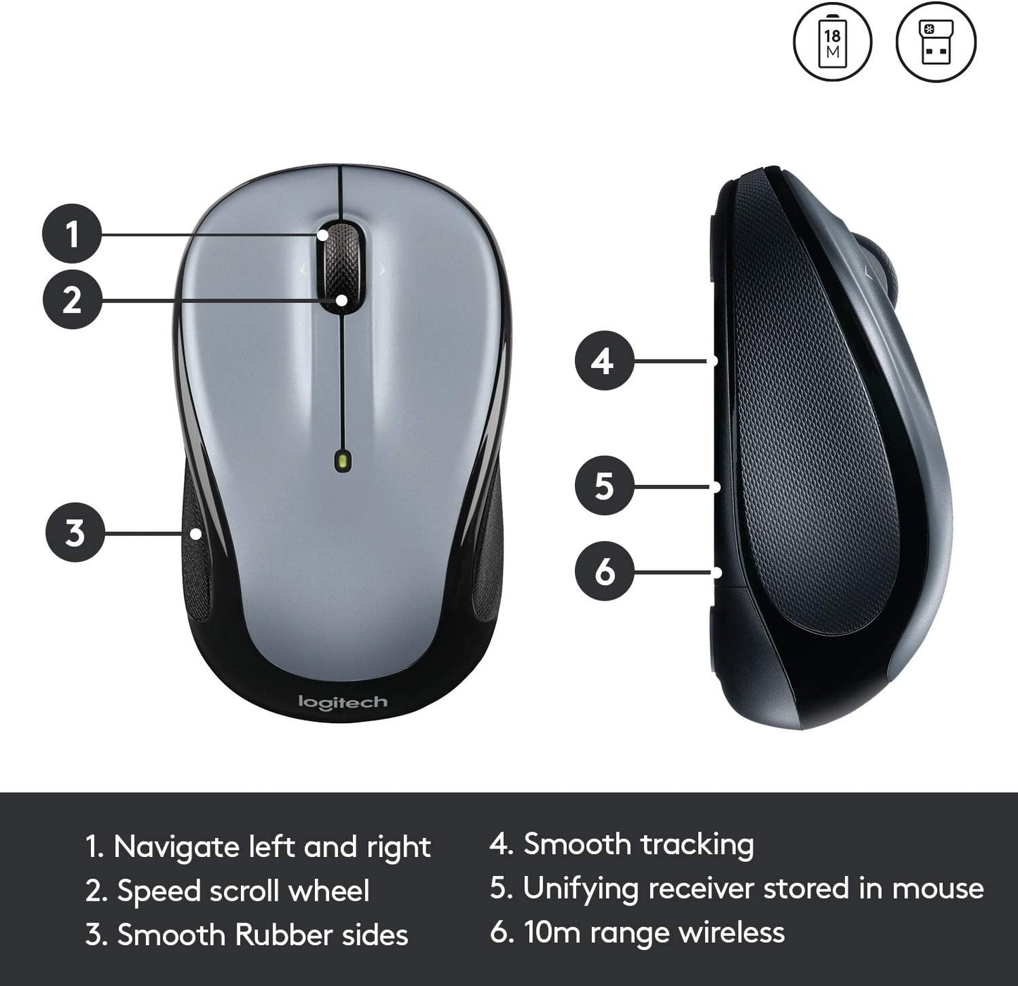 Logitech Wireless Mouse M325 with Designed-For-Web Scrolling - Light Silver