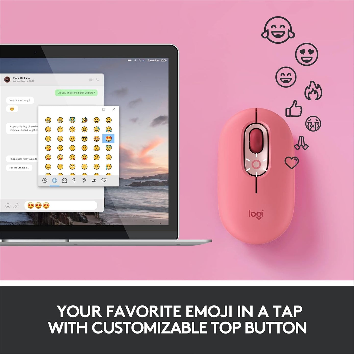 Logitech POP Mouse, Wireless Mouse with Customizable Emojis, SilentTouch Technology, Precision/Speed Scroll, Compact Design, Bluetooth, Multi-Device, OS Compatible - Heartbreaker Rose
