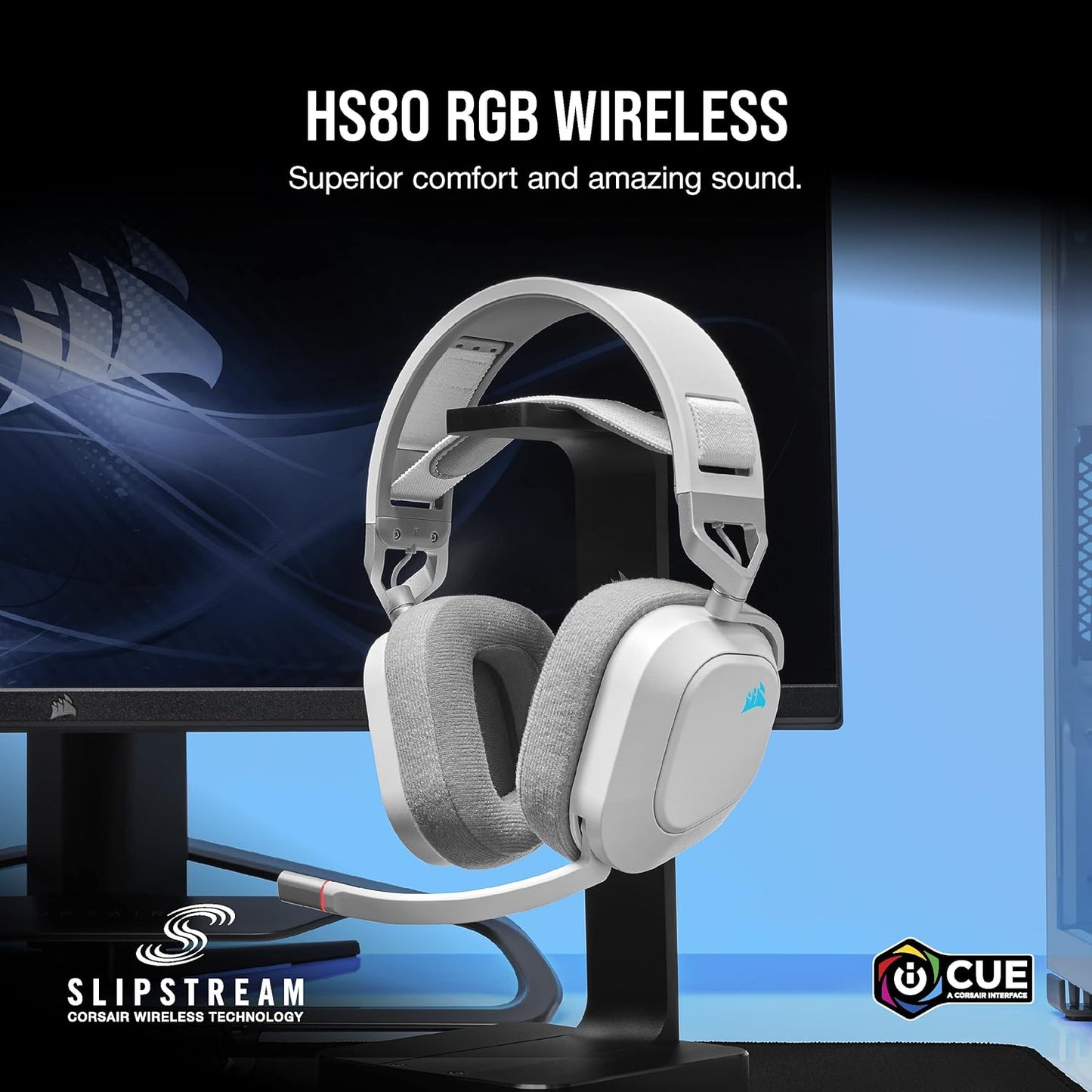 Corsair HS80 RGB WIRELESS Premium Gaming Headset with Dolby Atmos Audio - White
