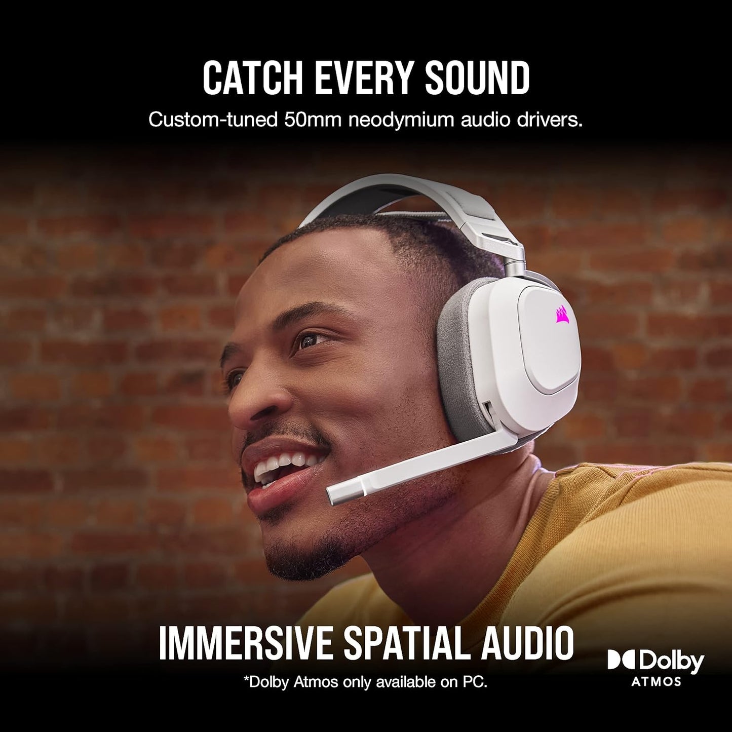 Corsair HS80 RGB WIRELESS Premium Gaming Headset with Dolby Atmos Audio - White