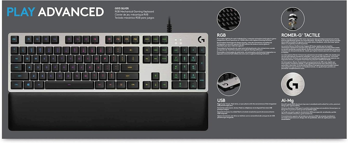 Logitech G513 Wired Gaming Keyboard - Silver