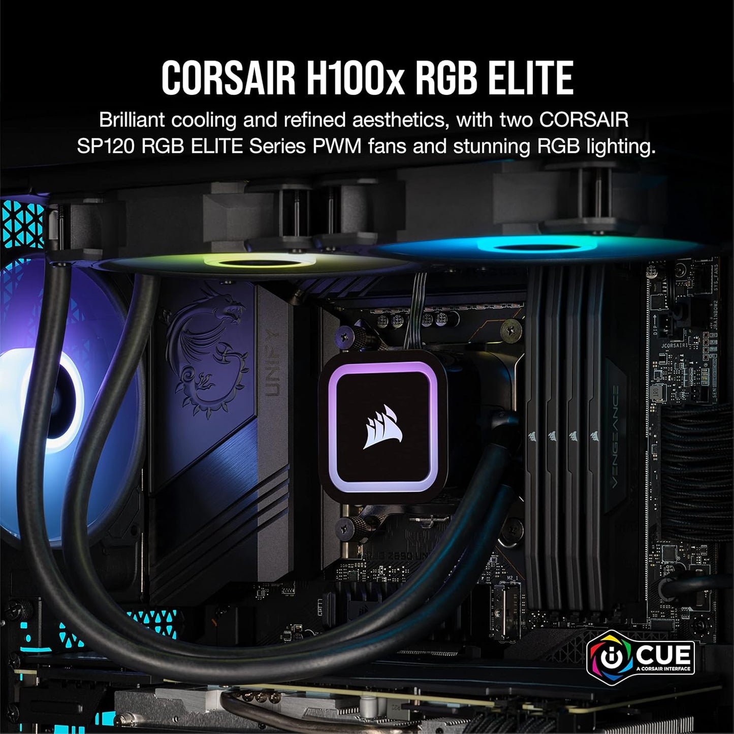 Corsair H100x RGB Elite Liquid CPU Cooler (CW-9060065-WW2) for Desktop-32 Dynamic LEDs SP120 Series PWM Fans with AirGuide Intel® LGA 1700, 1200, 115X, 2066, AMD® AM5/AM4 Sockets Black