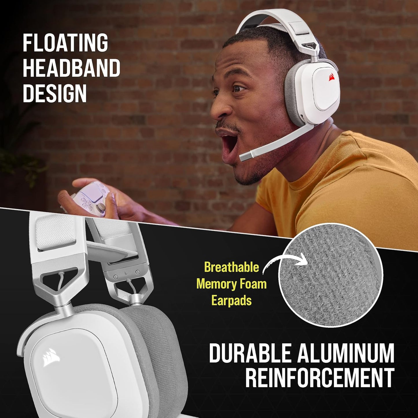 Corsair HS80 RGB WIRELESS Premium Gaming Headset with Dolby Atmos Audio - White