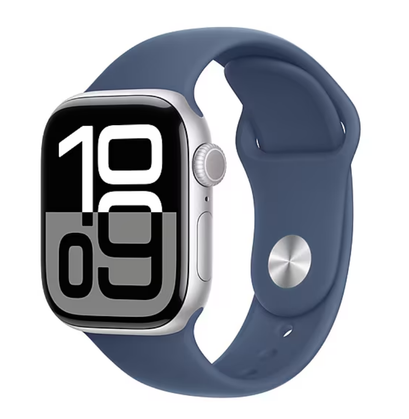 Apple Watch Series 10 [GPS 42mm/46mm] Smartwatch with Silver Aluminum Case with Denim Sport Band . Fitness Tracker, ECG App, Always-On Retina Display, Water Resistant